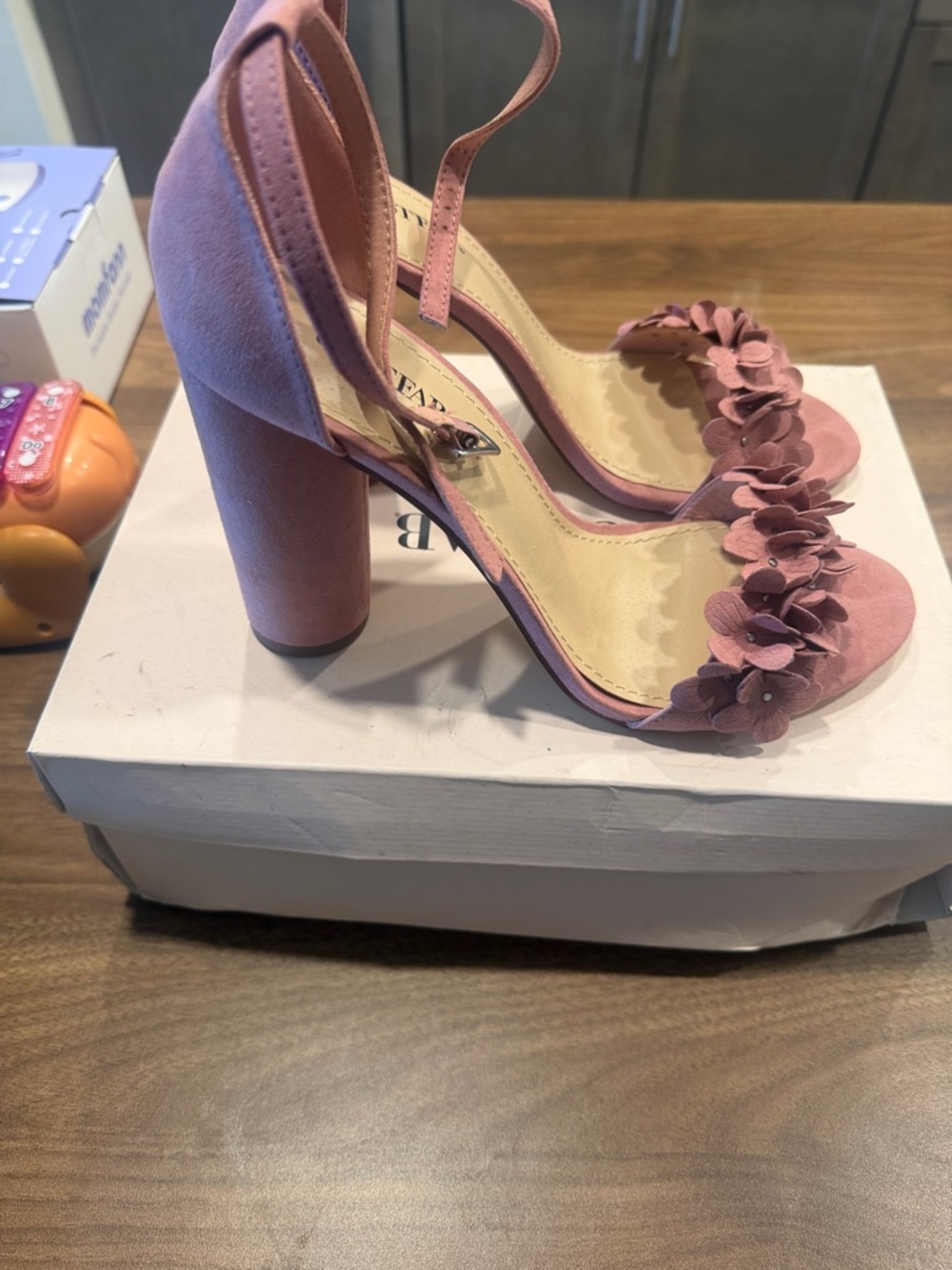 JustFab Heather Rose Floral Suede Block Heel Sandals - Picture 2 of 5